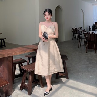 RECHIC Đầm Maris Màu Be hai dây cúp ngực xếp ly dáng dài trơn tôn dáng sang trọng gợi cảm