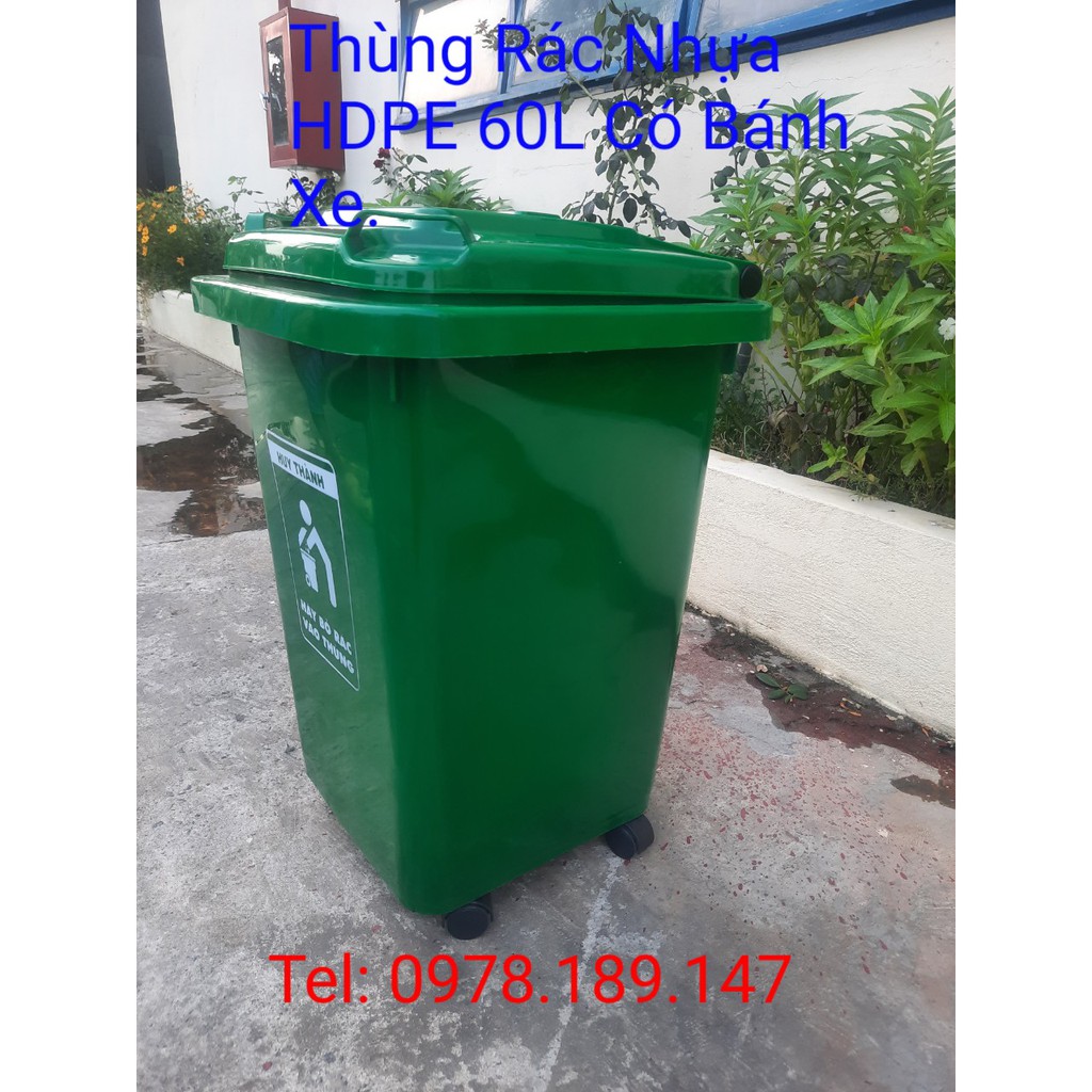 THÙNG RÁC NHỰA HDPE 60L CÓ 4 BÁNH XE - 0978189147