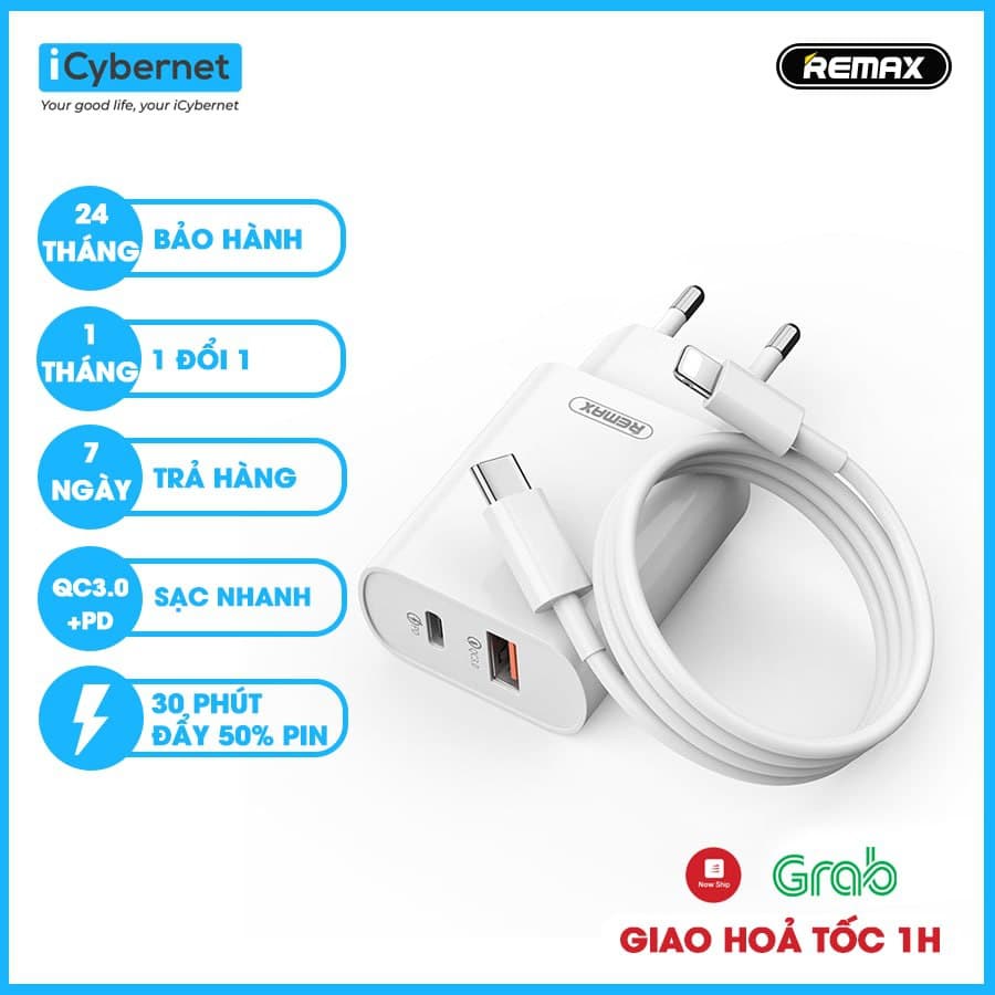 Bộ sạc nhanh PD 18w cho samsung ip, củ sạc nhanh PD QC3.0 18W cho 8 X XS XSMAX 11 12 REMAX RPU37 ICYBERNET