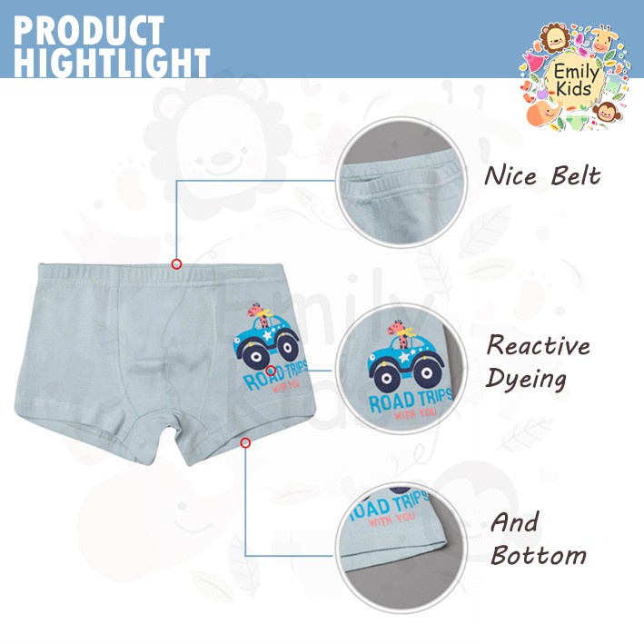 Bộ 5 Quần Lót Boxer Cotton Tinh Khiết Kháng Khuẩn Thoải Mái In Họa Tiết Phương Tiện Hoạt Hình Cho Bé Trai 3-12 Tuổi
