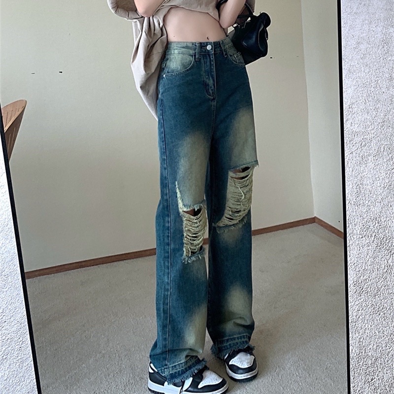 Quần jeans dài suông ống rộng rách nhiều