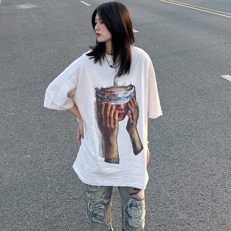 Áo Thun Nữ Ngắn Tay Cổ Tròn Form Rộng In Hình Chân Dung Phong Cách retro