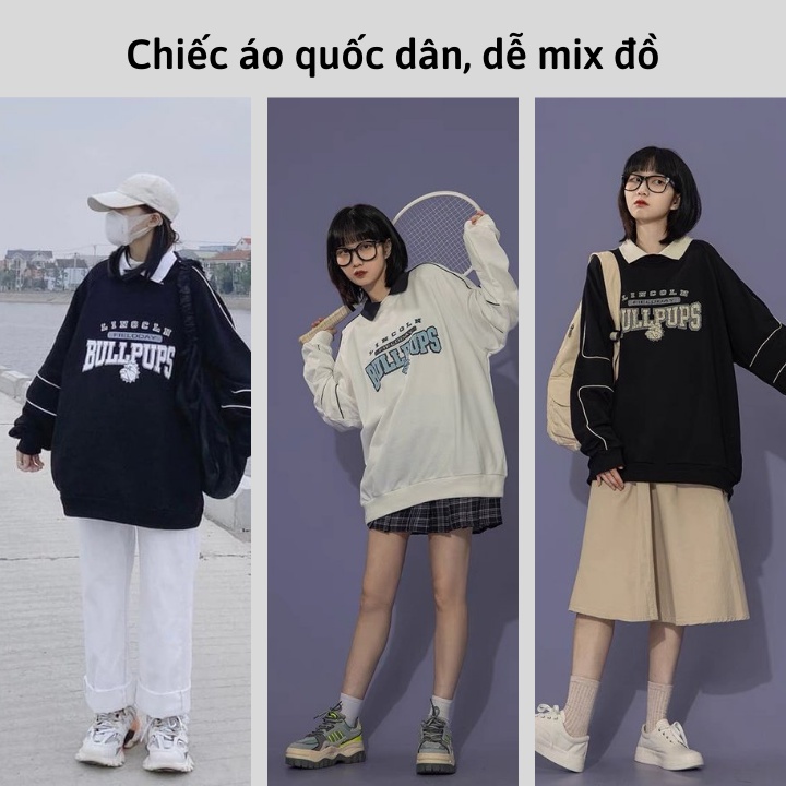 Áo sweater nữ/ Áo nỉ polo unisex dài tay form rộng tay bồng chất vải nỉ in chữ BULL PUPS siêu đẹp RÔ STORE PL05