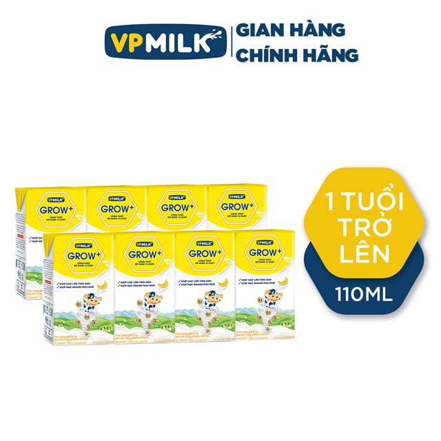 Thùng 48 hộp sữa tiệt trùng VPMilk Grow + vị Dâu, vị Chuối hương vị thơm ngon 110ml