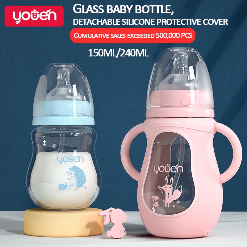 Bình sữa YOUEN bằng thủy tinh dung tích 150/240ml rộng 5cm phù hợp cho bé 0-12 tháng tuổi