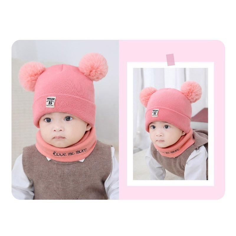 Mũ dệt kim phối bóng xù kép và khăn choàng giữ ấm cho bé