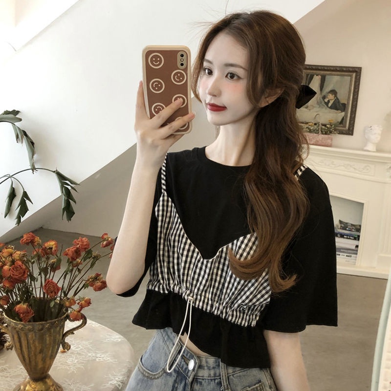 Áo thun giả hai lớp tay ngắn dáng rộng màu đen/ màu trắng thời trang dành cho nữ