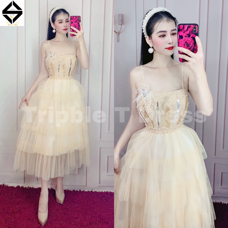 Đầm dự tiệc công chúa hai dây dún lưới kết đá pha lê TRIPBLE T DRESS - size M/L - MS352V