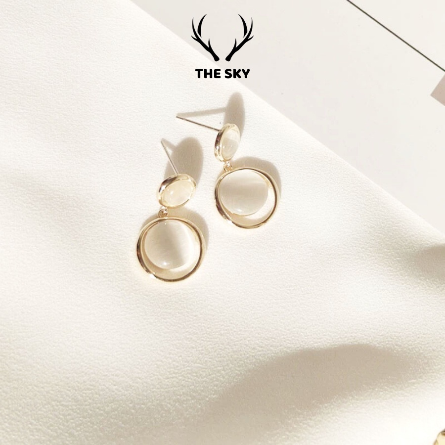 Khuyên Tai Nữ The Sky, Bông Tai Tròn Mạ Vàng Đính Đá Phong Cách Hàn Quốc Thiết Kế Thanh Lịch Sang Trọng Cho Nữ
