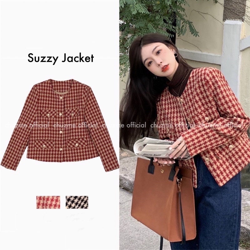 Áo khoác dạ tweed đỏ đen dáng ngắn họa tiết răng sói phối cúc (có ảnh thật)