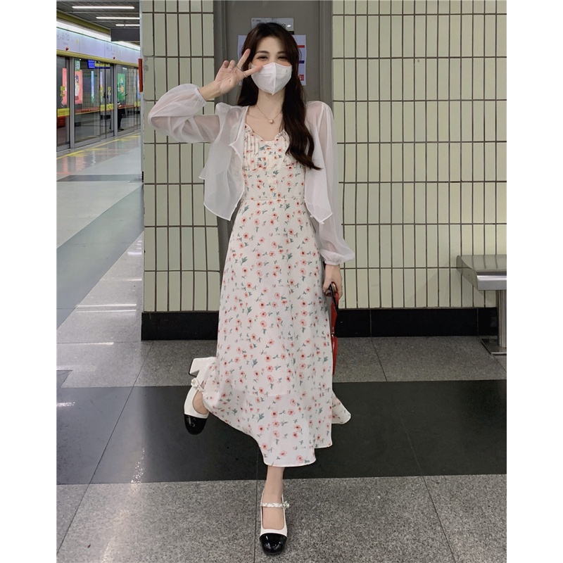 Váy Hai Dây Hoa Nhí, Đầm Hai Dây Hoa Nhí + Áo Khoác Cardigan Mỏng Phong Cách Hàn Quốc | BigBuy360 - bigbuy360.vn
