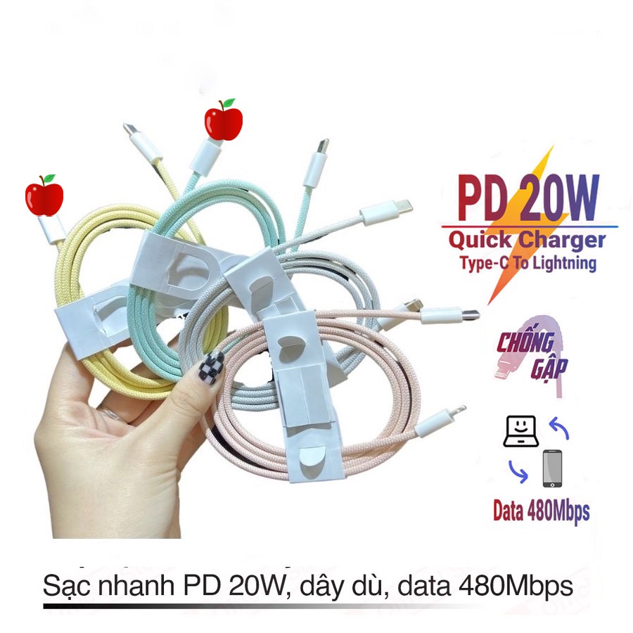 Cáp sạc nhanh 20w PD C to IP dây dù 1m cho điện thoại iP Xs Max 11 12 13 Pro Mini đời cao