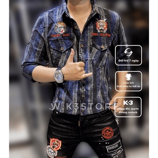 Áo sơ mi tay dài nam sọc caro màu xanh đen form body thêu hình Tiger Tết was loang 2 màu K3 STORE