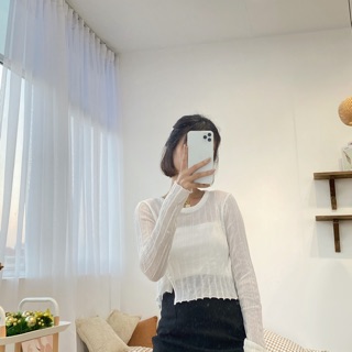 Áo crop len cúc lệch | Ảnh thật