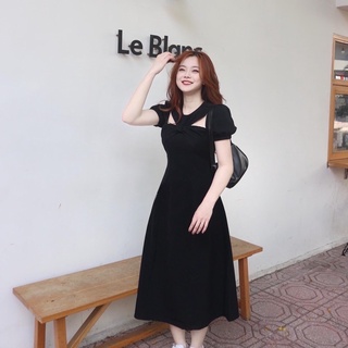 Đầm đen xoắn cổ form dài (kèm hình thật)