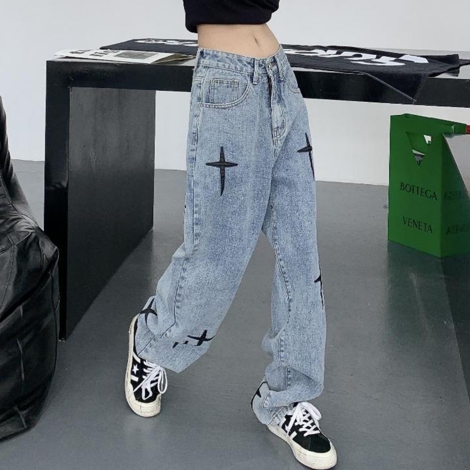 Chic fashion American heavy industry embroidered jeans women BF versatile casual high street straight tube wide leg pants ins<br />