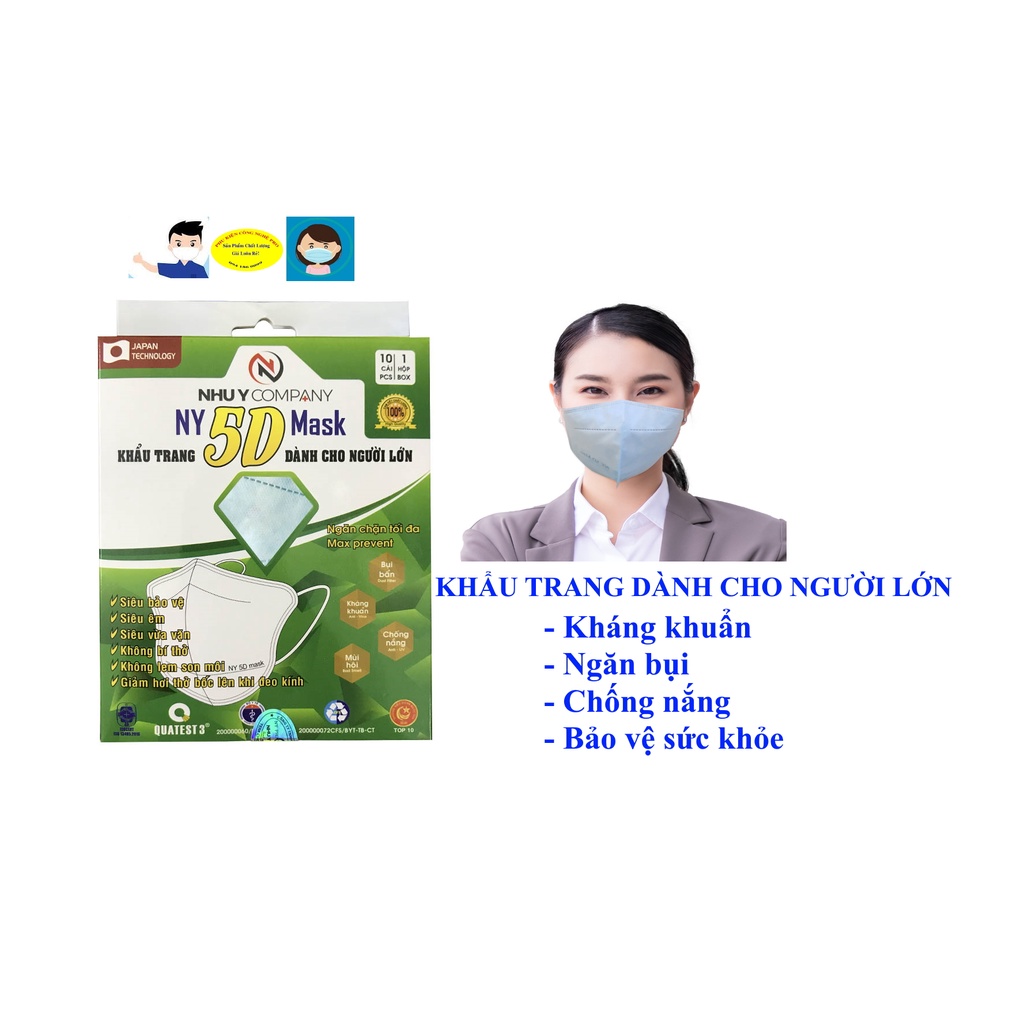 HỘP 10 CÁI KHẨU TRANG 5D CHO NGƯỜI LỚN NY 5D Mask Ngăn Bụi Kháng khuẩn Chống nắng Bảo vệ sức khỏe Sản xuất từ Cty Như Ý