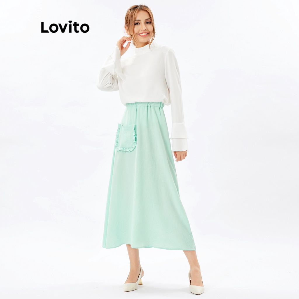 Chân váy Lovito vải dệt dáng rộng xếp nếp màu trơn đơn giản L26ED077 (màu xanh lục nhạt)