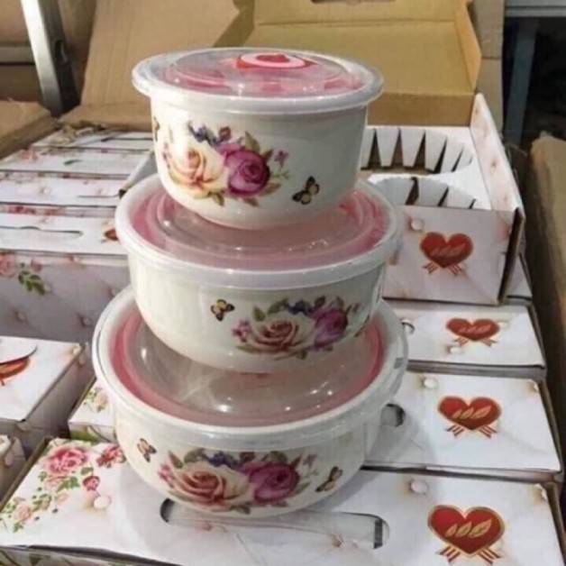 Bộ 3 bát sứ có nắp hút chân không( loại không tai)