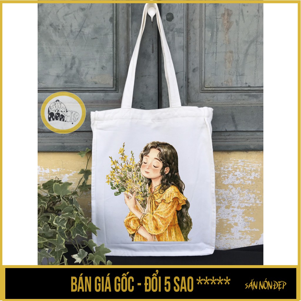 [Mã FASHIONT4WA2 giảm 10K đơn 50K] Túi tote vải canvas trắng có khóa kéo in hình CÔ GÁI ÔM HOA - Săn Nón Đẹp