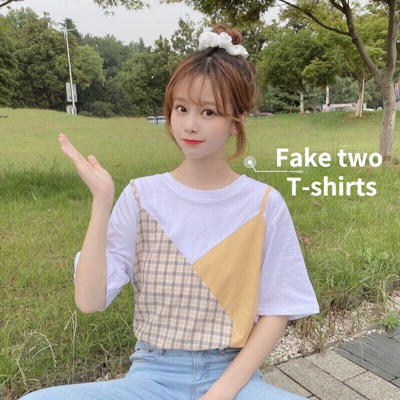 Áo Thun Giả Hai Mảnh Tay Ngắn Dáng Rộng Thời Trang Xuân Hè Năm 2021 Cho Bạn Gái