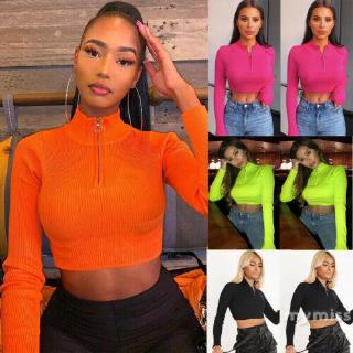 Áo thun lửng tay dài kiểu khóa kéo quyến rũ dành cho nữ