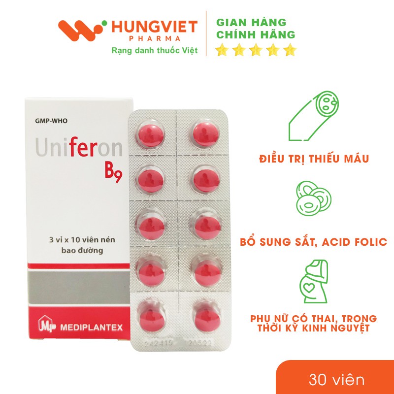 UNIFERON B9 - Bổ sung Sắt, Acid Folic cho phụ nữ mang thai, đang cho con bú (hộp 30 viên)