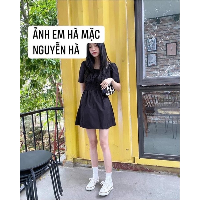 Váy cổ vuông chun eo nữ tính phong cách Hàn Quốc đi chơi đi tiệc form chuẩn dáng xinh