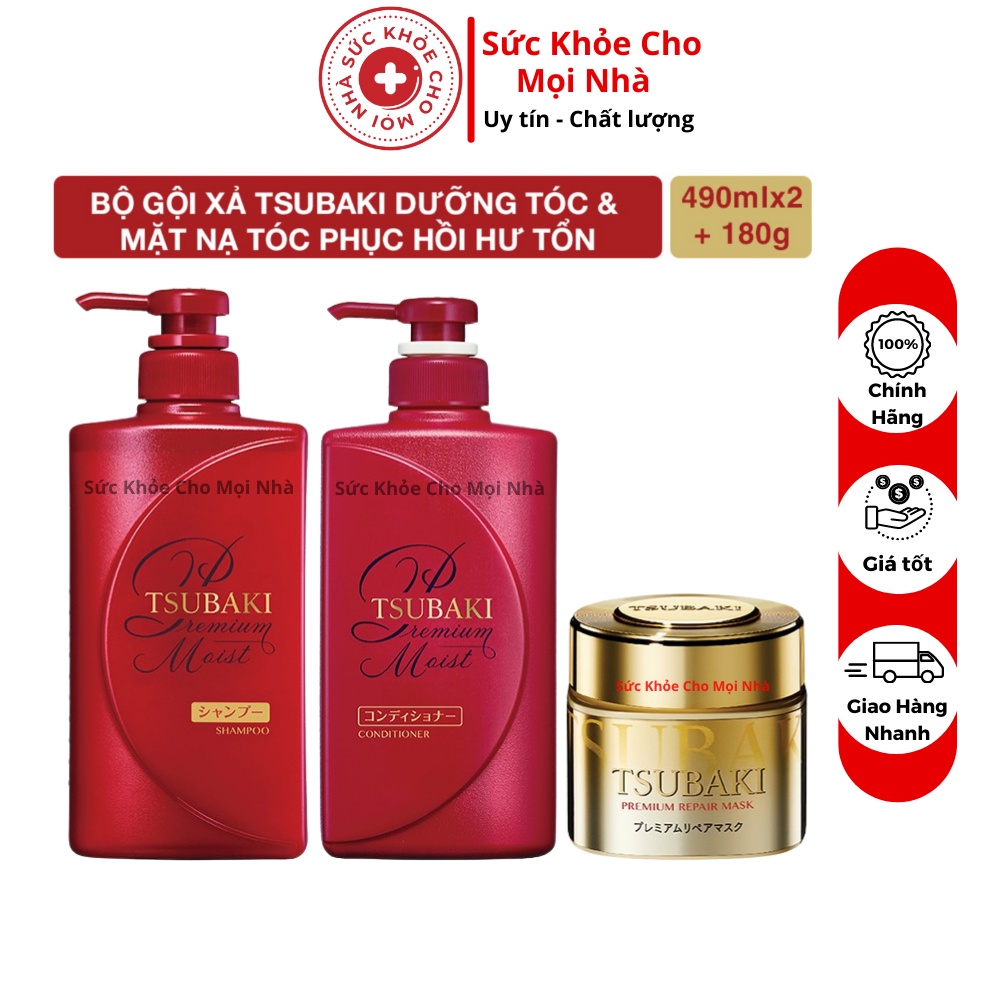 Combo gội xả Premium Moist dưỡng tóc bóng mượt và mặt nạ tóc phục hồi hư tổn Tsubaki suckhoechomoinha