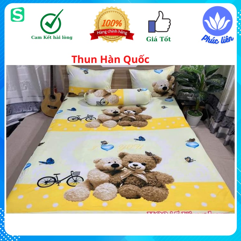 Ga giường drap thun Hàn Quốc 3D cao cấp (bộ 4 món gồm 1 ga, 2 vỏ gối nằm, 1 vỏ gối ôm)
