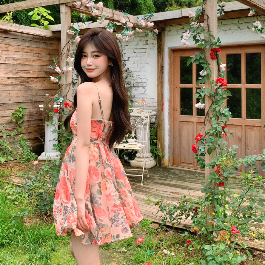Đầm công chúa PERTY hai dây in họa tiết hoa thời trang đi biển Hàn Quốc xinh xắn dành cho nữ