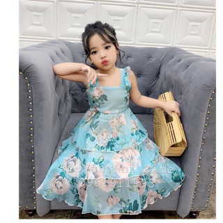 Váy voan hoa tầng tay bèo cánh tiên cho bé gái