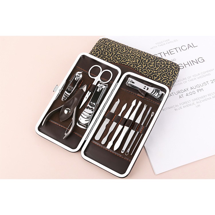 Bộ Chăm Sóc Móng Set 12 Món Chất Liệu Thép Không Gỉ Hộp Da Cao Cấp Full Box Tiện Lợi VECOM