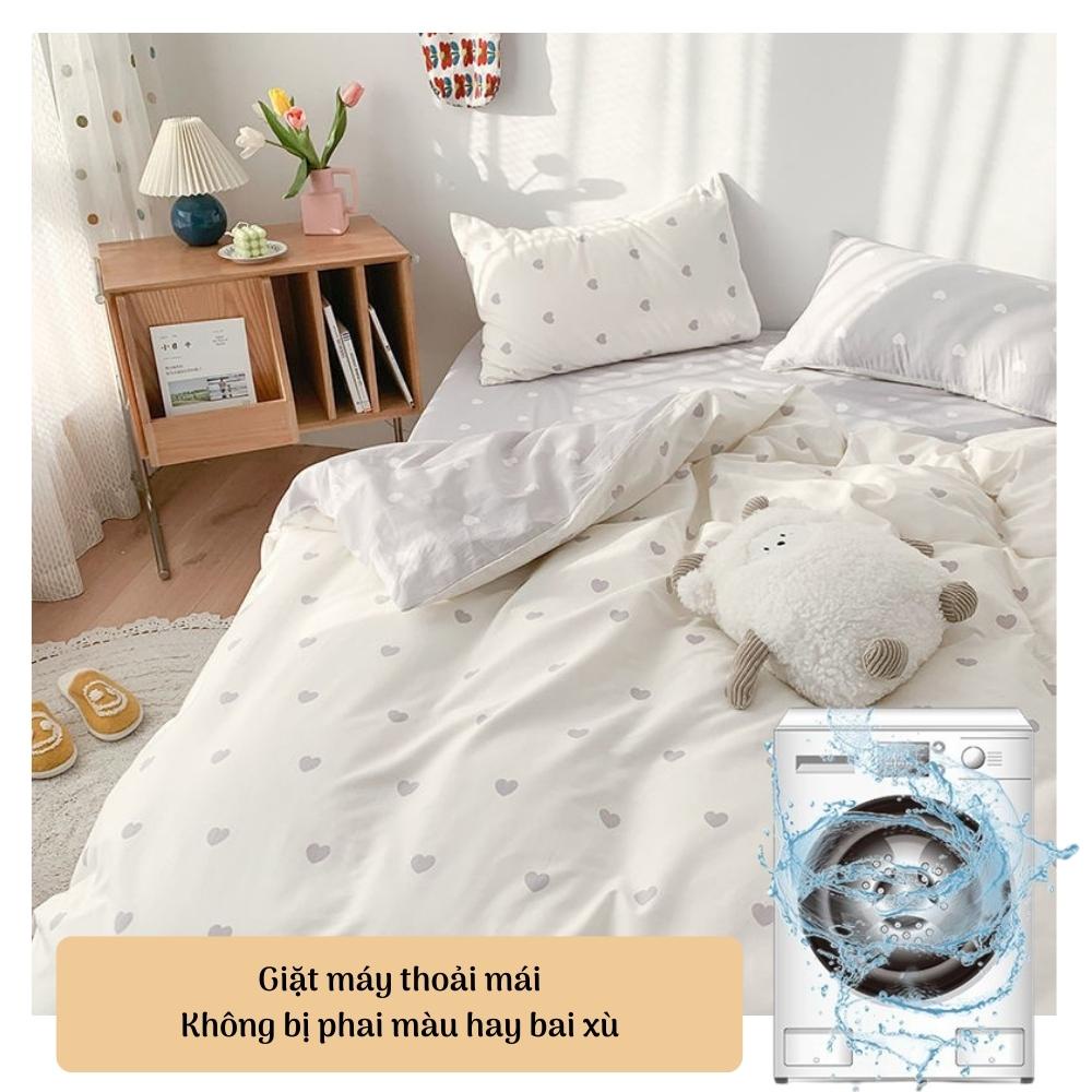 Bộ chăn ga gối 4 món kèm vỏ gối cotton poly trái tim vintage , Bộ ga gối drap giường bo chun - Otama Bedding