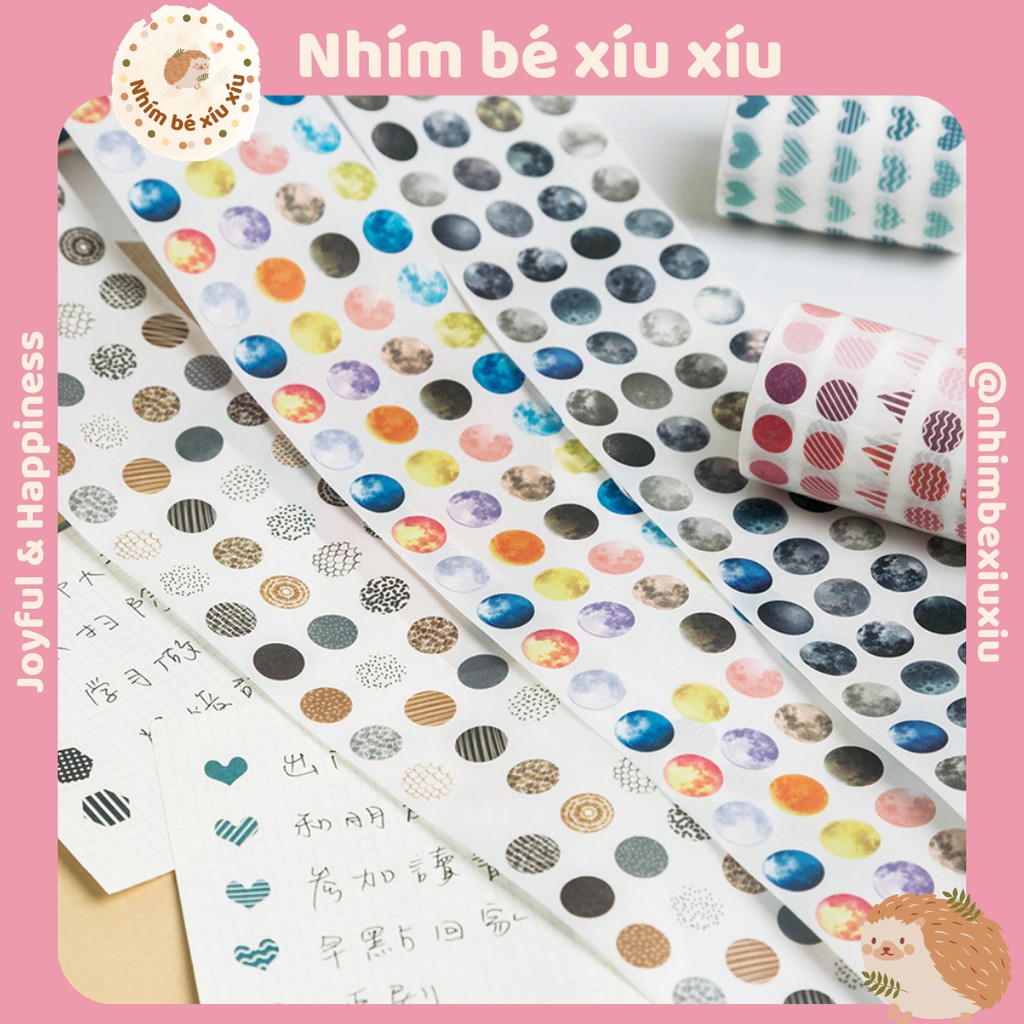 Cuộn sticker chấm tròn/hình khối/hoa/trái tim/thiên hà/bầu trời 12mm VT87