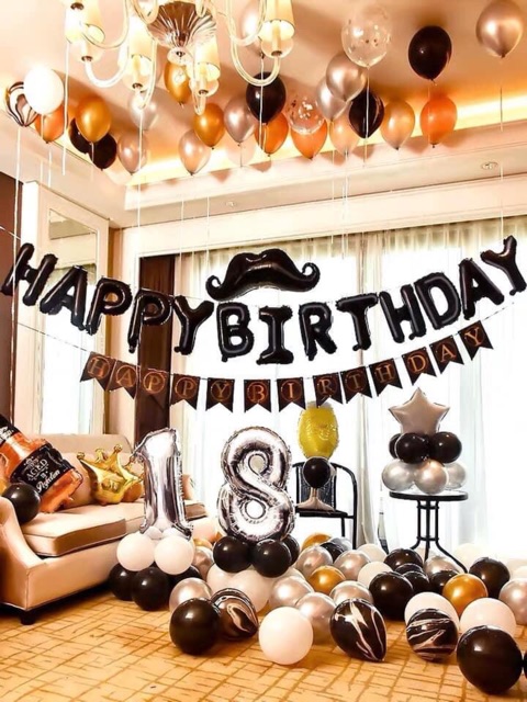 SET BÓNG SINH NHẬT NGƯỜI LỚN gam đen bạc trắng vàng