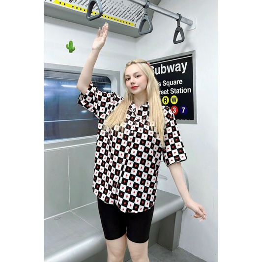 💗 Áo sơ mi form rộng caro full tim , chất Kate lụa 100%, Size<62kg