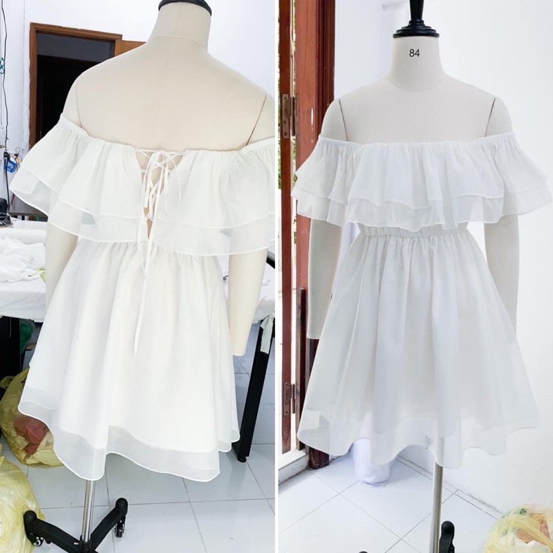 Đầm trắng tiểu thư trễ vai xoè chun eo thắt dây lưng chụp kỷ yếu 4 màu