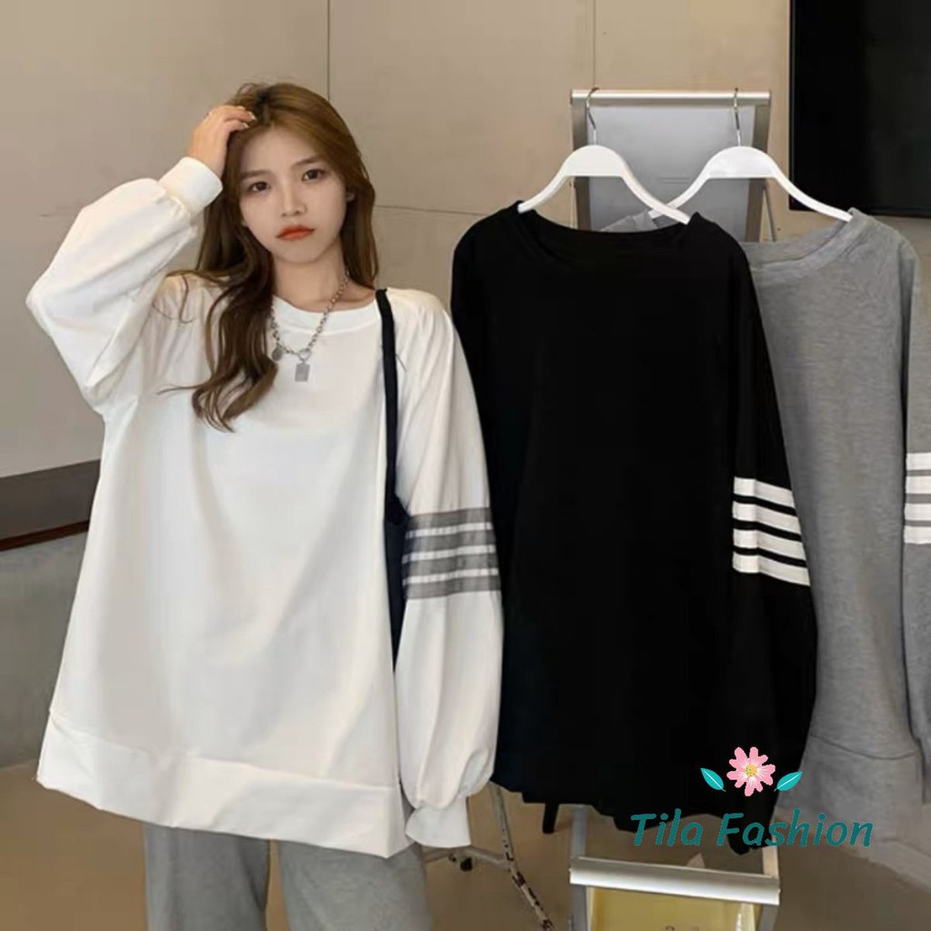 Áo tay dài phom rộng tay phối họa tiết kẻ sọc phong cách ulzzang Hàn Quốc
