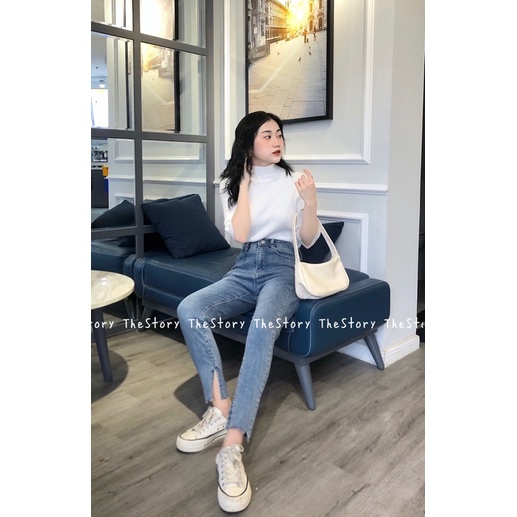 [STR] Quần jean dài ôm xẻ vạt lệch gấu Q655