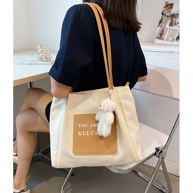 Túi tote vải cavan - túi xách nữ đeo vai, size to, phong cách vintage, retro - Tặng kèm móc khóa gấu - TX017