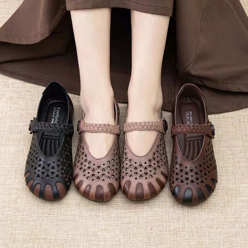 Xăng đan Da Thật Đục Lỗ Thoải Mái Phong Cách Dân Tộc retro Mùa Hè 2022 Cho Nữ