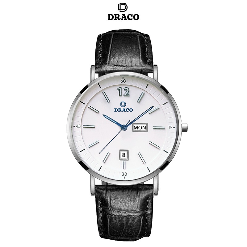 Đồng hồ nam Draco D21-ST01” The First boy” TRẮNG DÂY DA ĐEN - thời trang nam