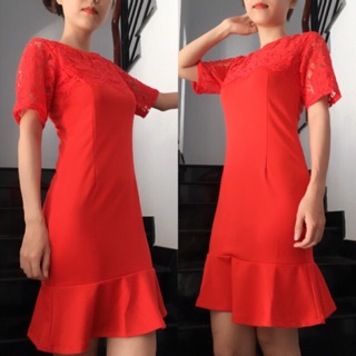 Đầm Đuôi Cá Phối Ren Đỏ Đen