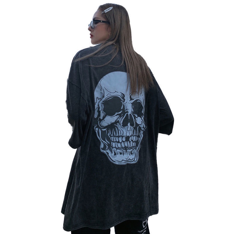 Áo Thun In Hình Đầu Lâu Phong Cách Harajuku Cổ Điển Thời Trang Mùa Hè Unisex Y2k Grunge