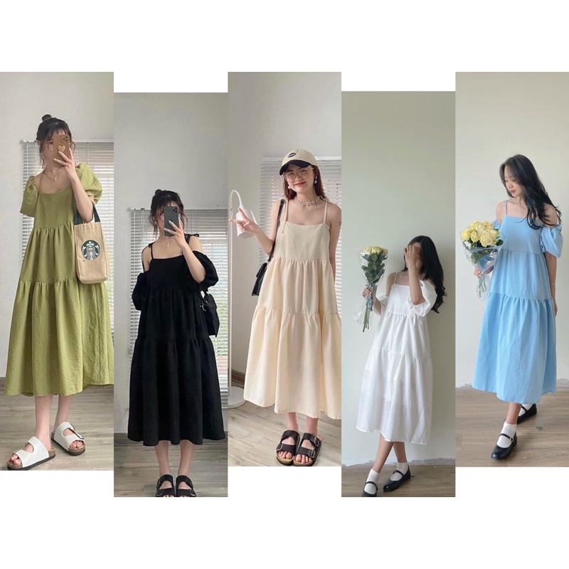 Váy 2 dây hai tay rời bo phồng dáng dài cực kỳ dễ thương