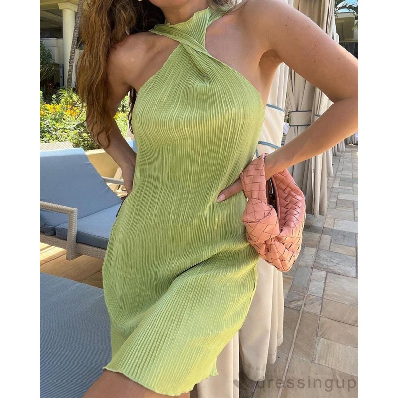 Đầm Ngắn Hở Vai Không Tay Cổ Xoắn Màu Sắc Trơn Cho Nữ