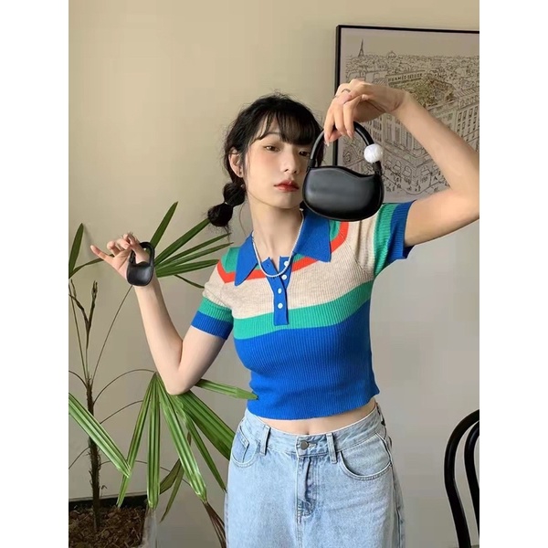 áo len dệt kim croptop cổ polo mix hàng khuy - sọc kẻ ngang phối màu hot trend