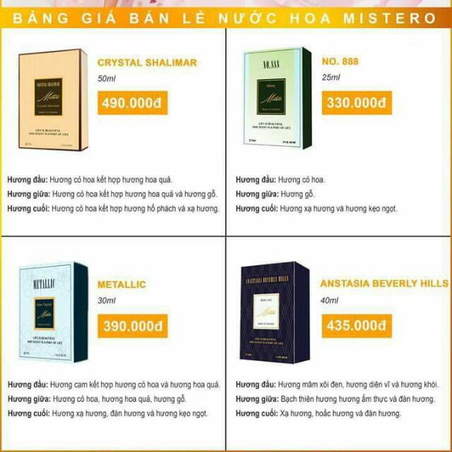 Nước hoa Mistero Biocosmetics mother care hương Crystal shalimar, anstasia,metallic, no.888