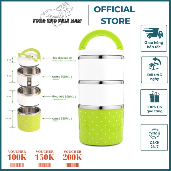 Camen chấm bi 3 ngăn inox loại tốt, Camen 3 ngăn giữ nhiệt, Hộp cơm giữ nhiệt 3 ngăn